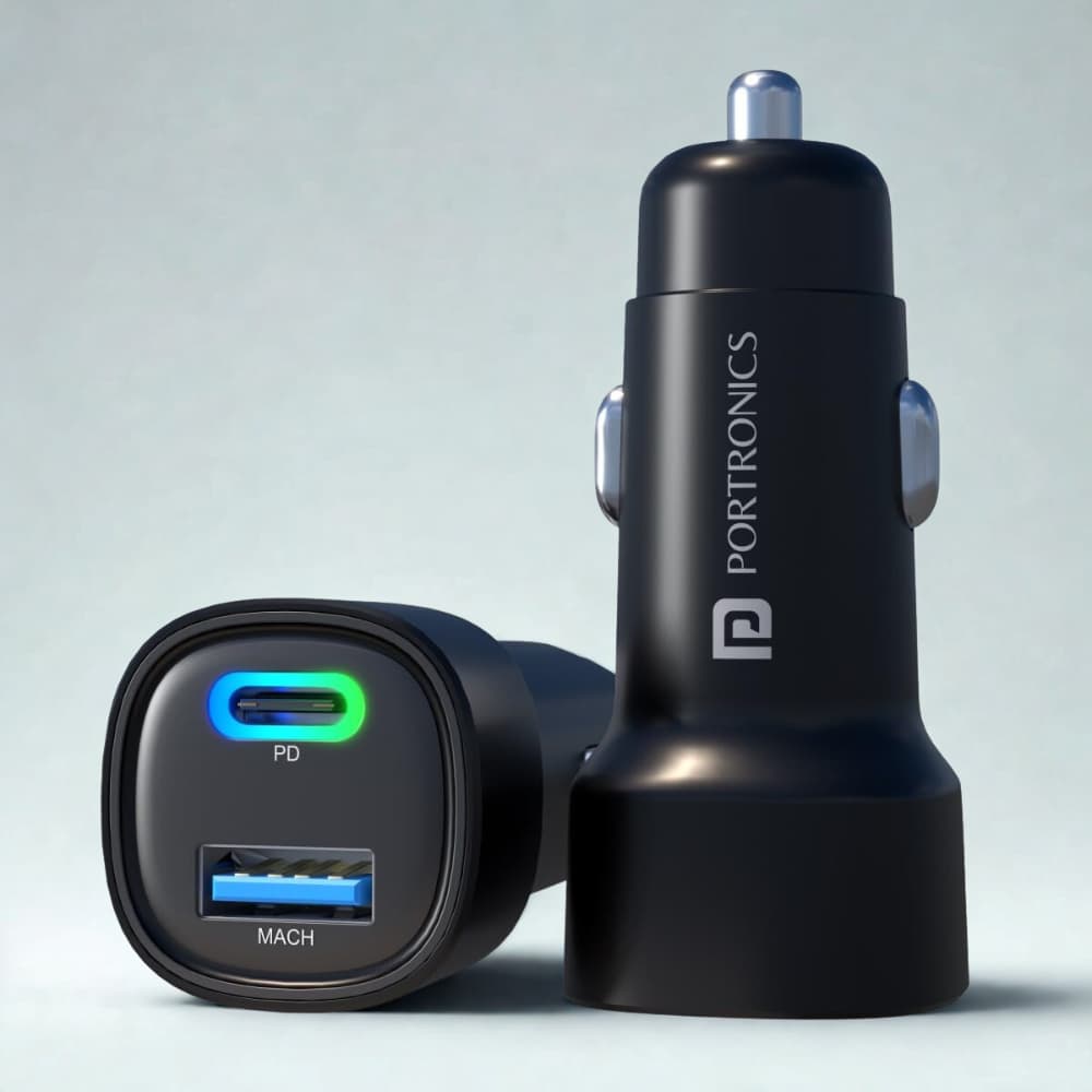 Portronics Car Power 30 30W Fast Car Charger with USB-C PD & USB-A Dual Port - Black
