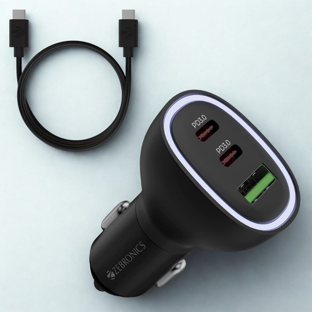 Zebronics CC78 78W Fast Car Charger with Dual Type-C & USB Ports + 60W Type-C Cable